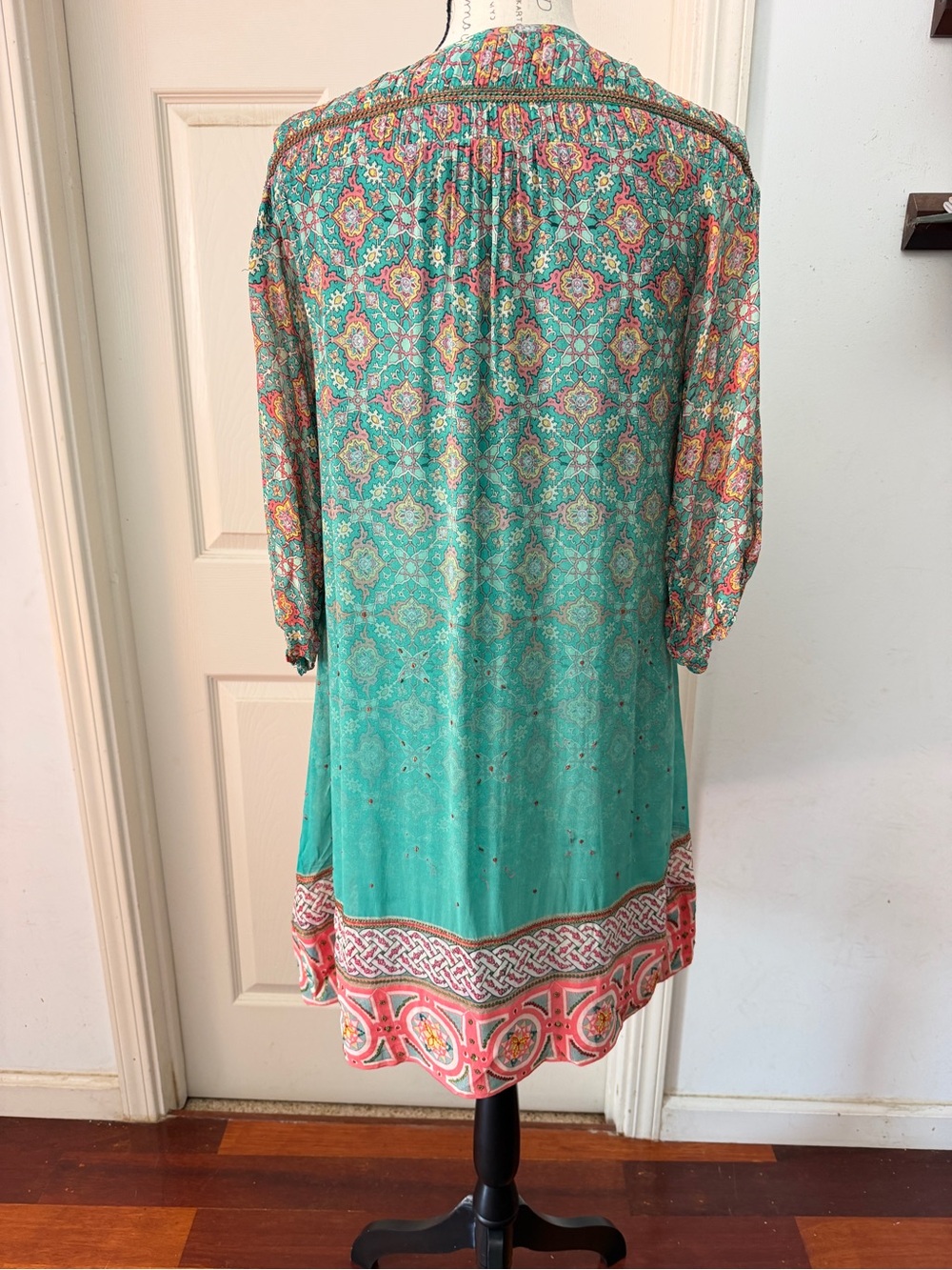 Boho Teal Print Tassel Peasant Dress - Picture 7 of 11